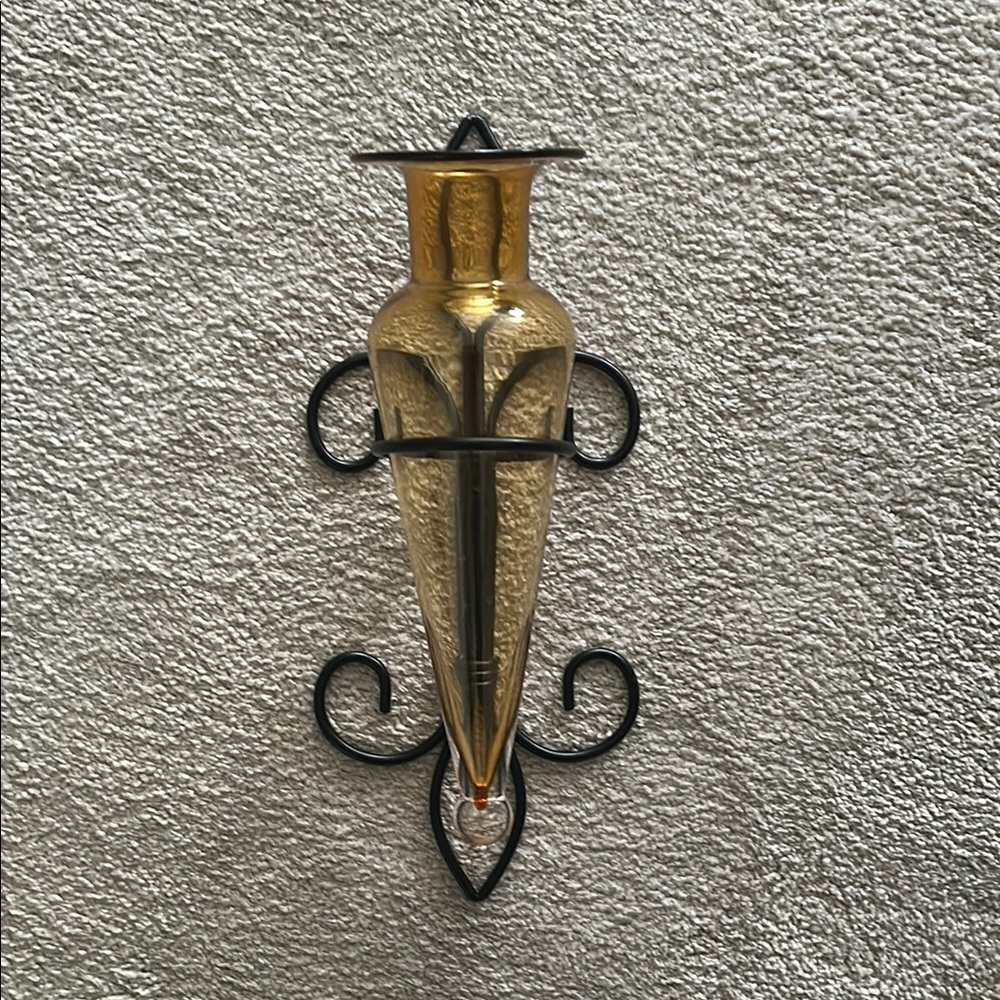 Gold/Amber Wall Sconce Vase with Black Holder